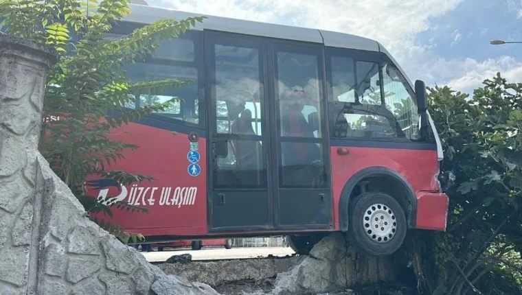 Düzce’de halk otobüsü köpeklere çarpmamak için duvara çarptı
